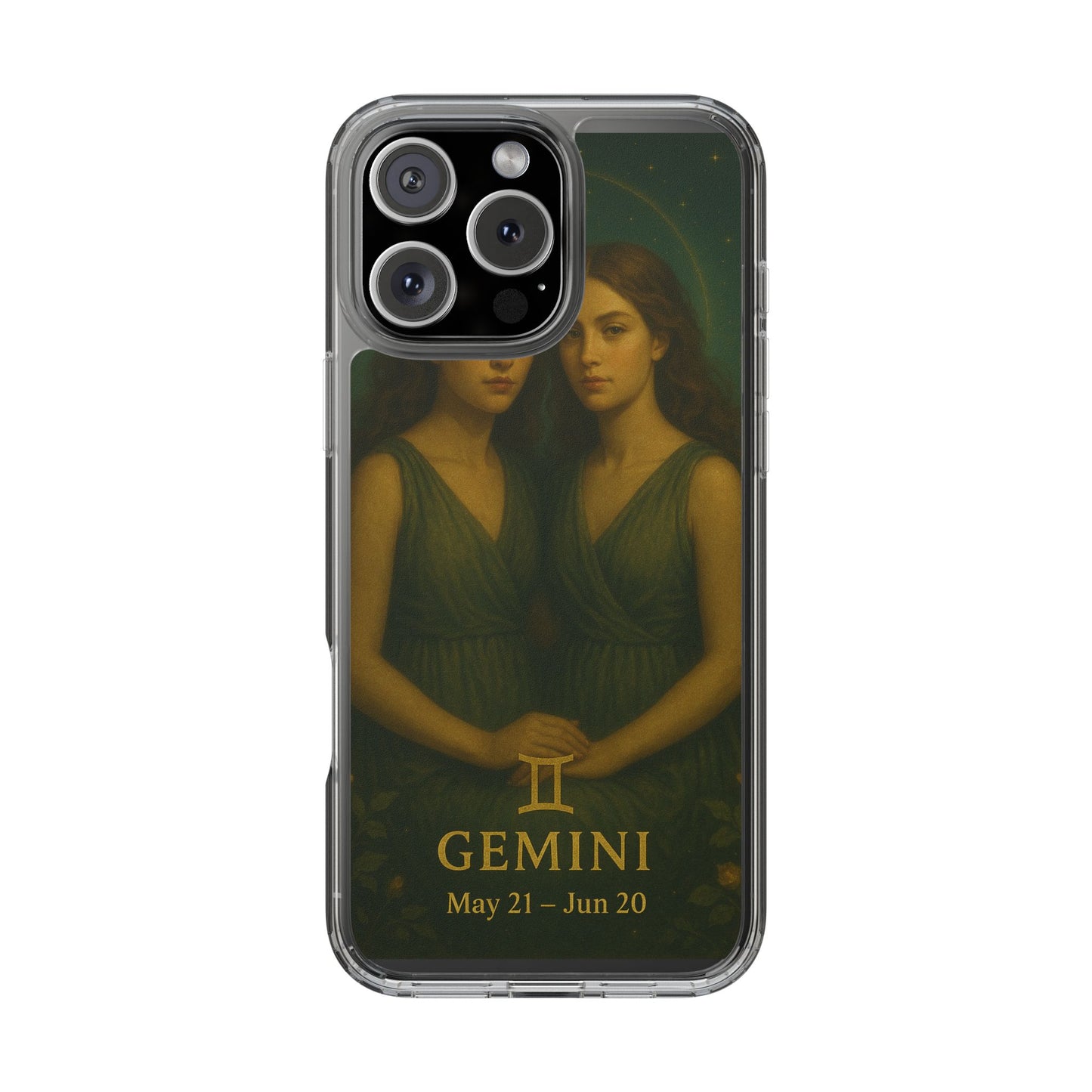 Gemini Zodiac Clear Phone Case — Twin Sisters Astrology Design (May 21–Jun 20)