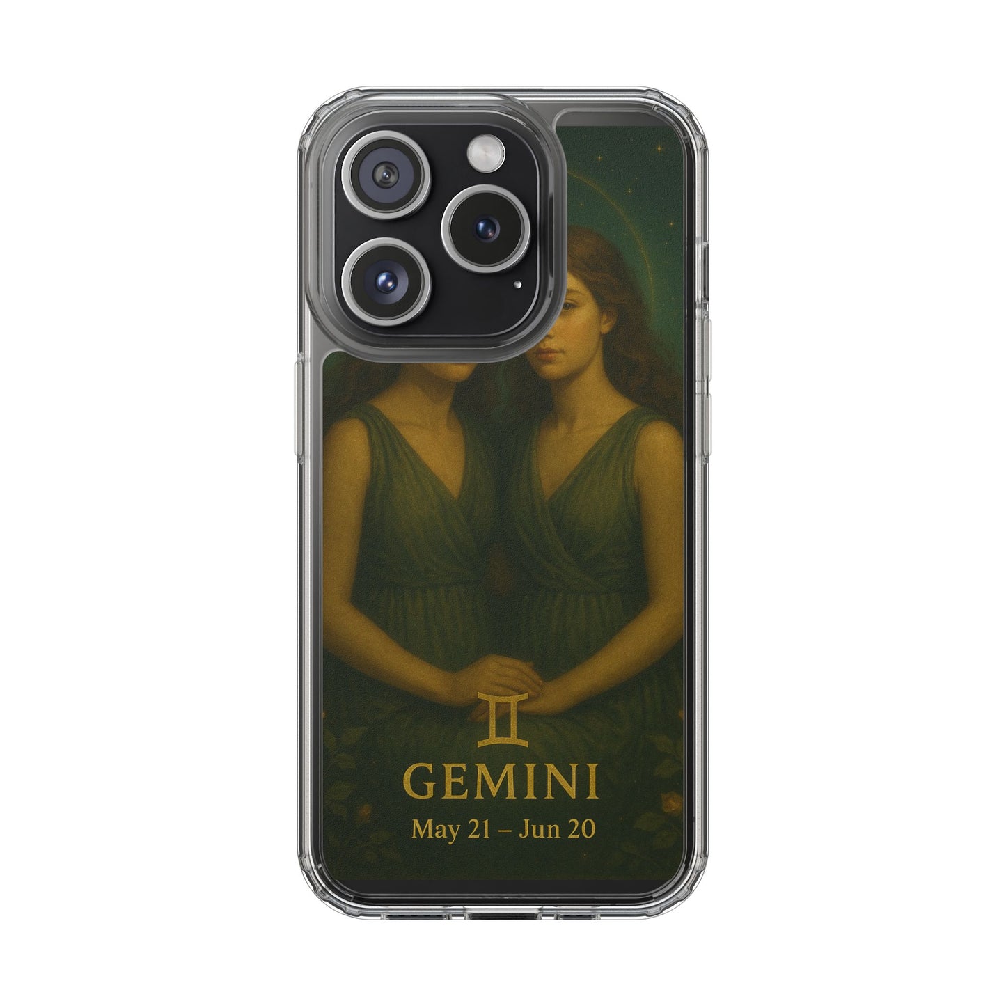 Gemini Zodiac Clear Phone Case — Twin Sisters Astrology Design (May 21–Jun 20)