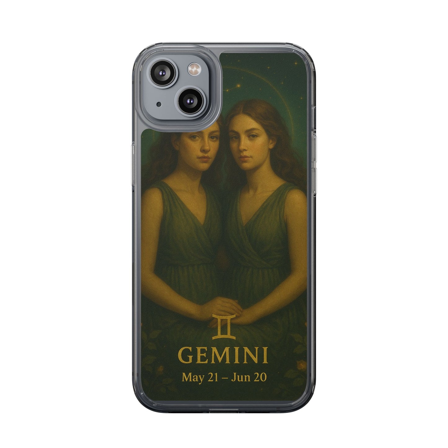 Gemini Zodiac Clear Phone Case — Twin Sisters Astrology Design (May 21–Jun 20)