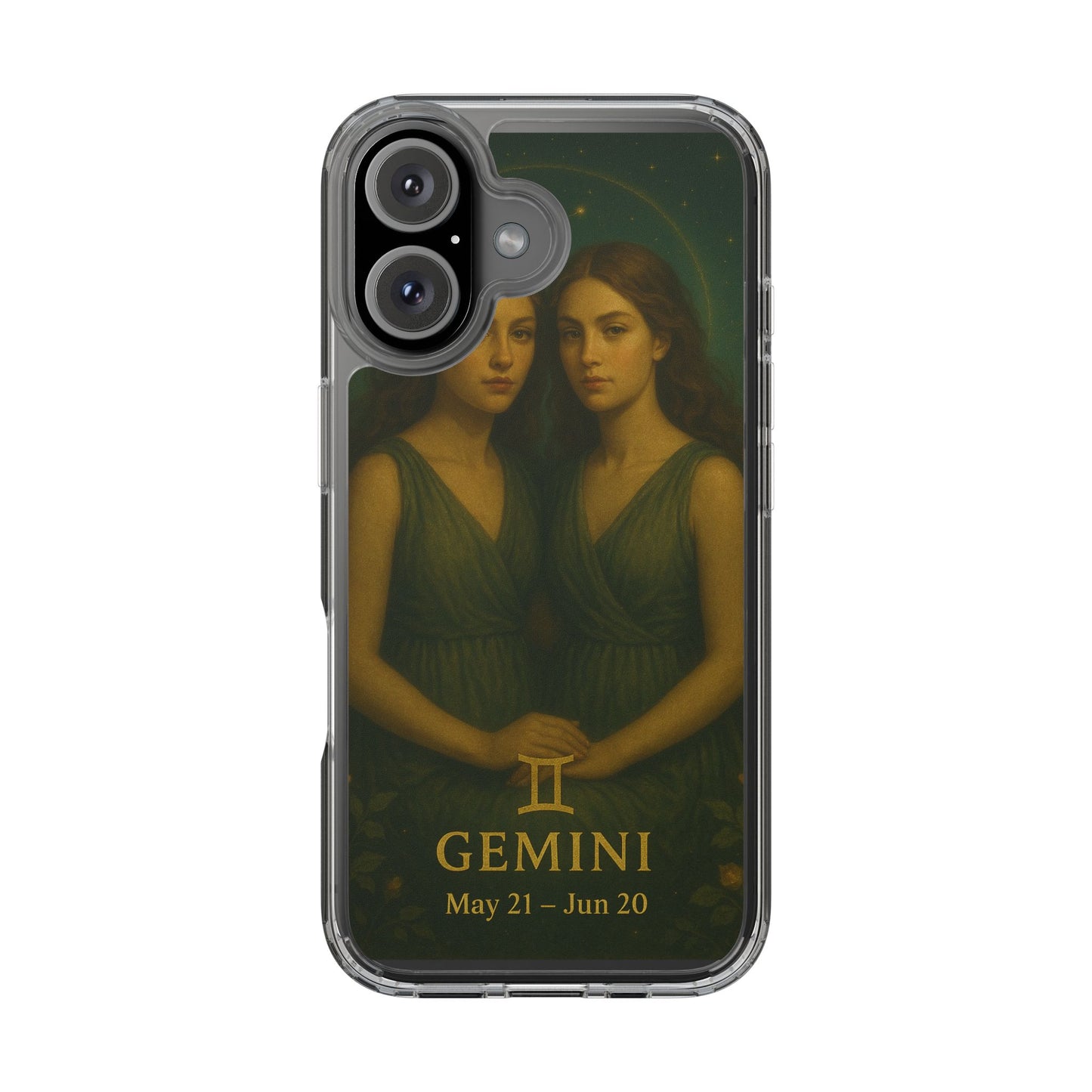 Gemini Zodiac Clear Phone Case — Twin Sisters Astrology Design (May 21–Jun 20)