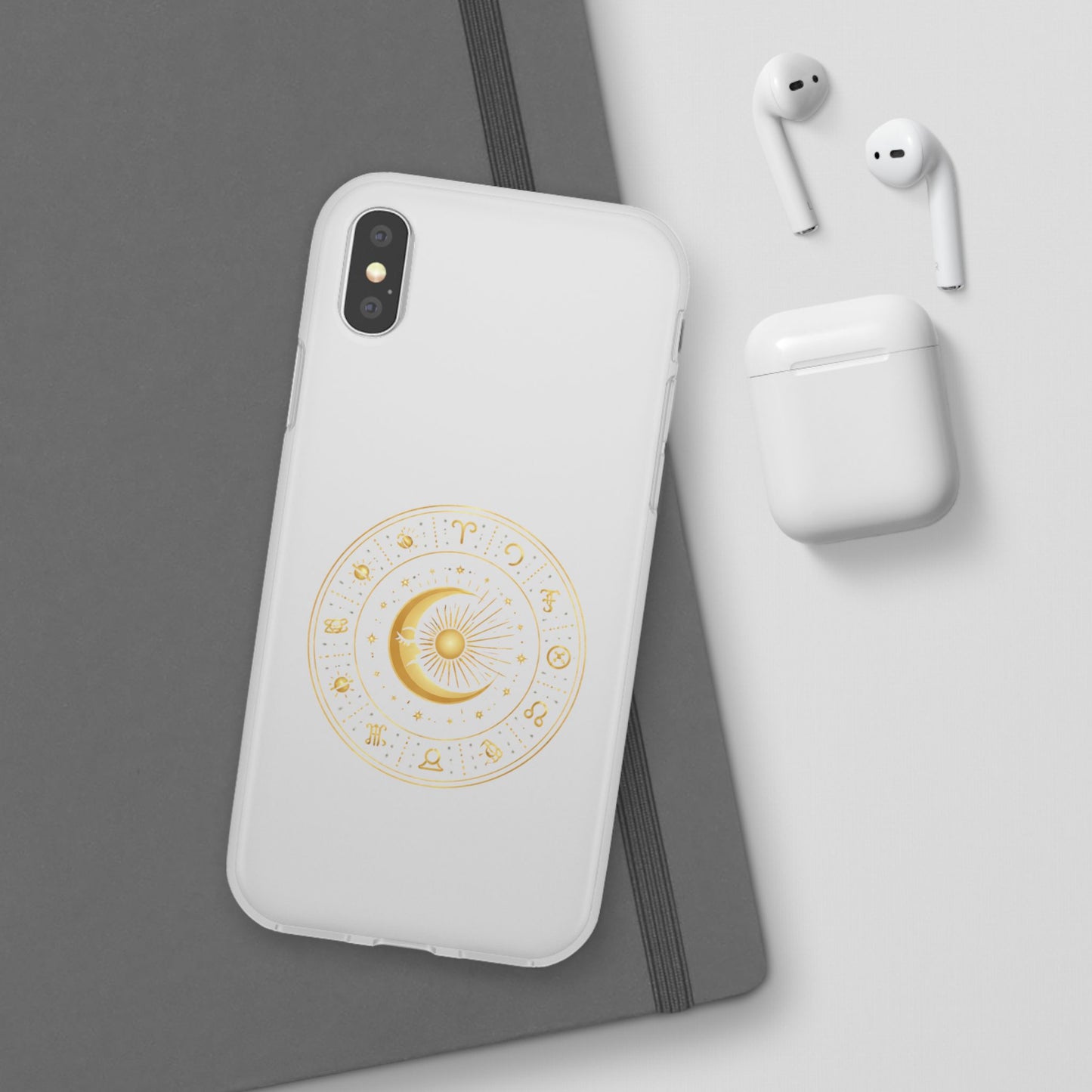 Clear Phone Case with Gold Celestial Moon & Zodiac Wheel – Astrology iPhone Cover