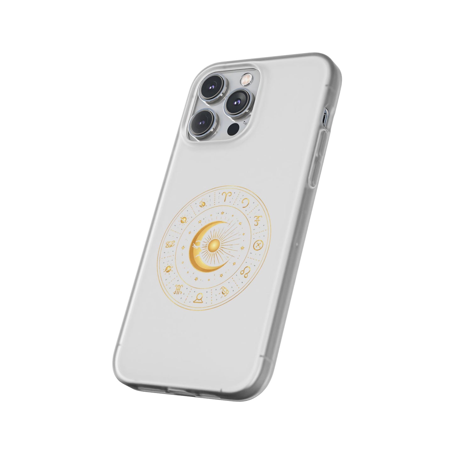 Clear Phone Case with Gold Celestial Moon & Zodiac Wheel – Astrology iPhone Cover