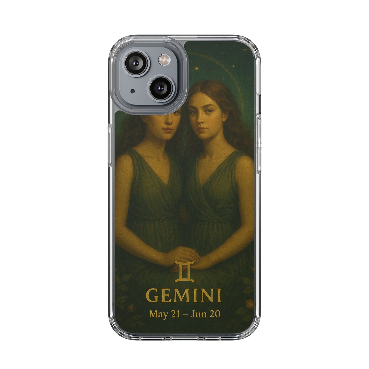 Gemini Zodiac Clear Phone Case — Twin Sisters Astrology Design (May 21–Jun 20)