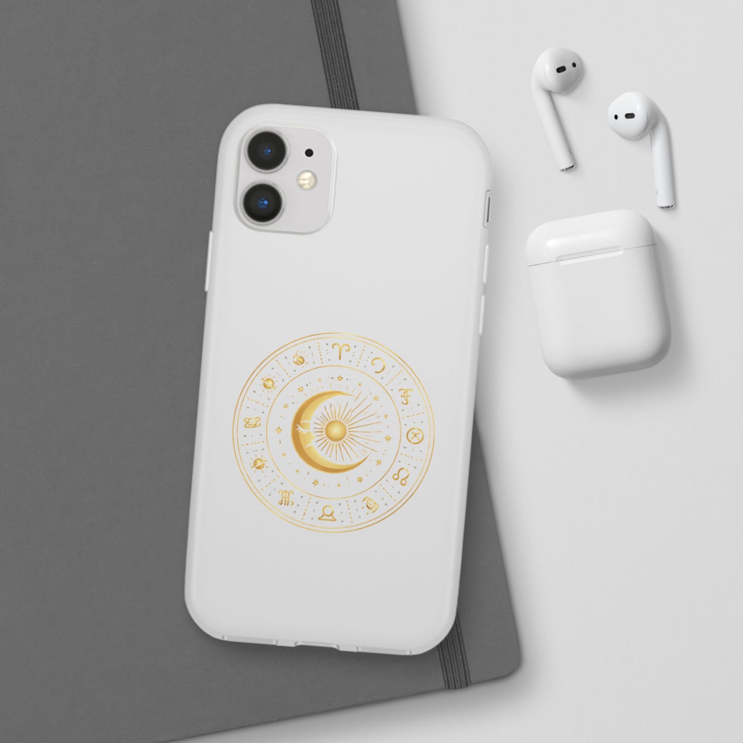 Clear Phone Case with Gold Celestial Moon & Zodiac Wheel – Astrology iPhone Cover