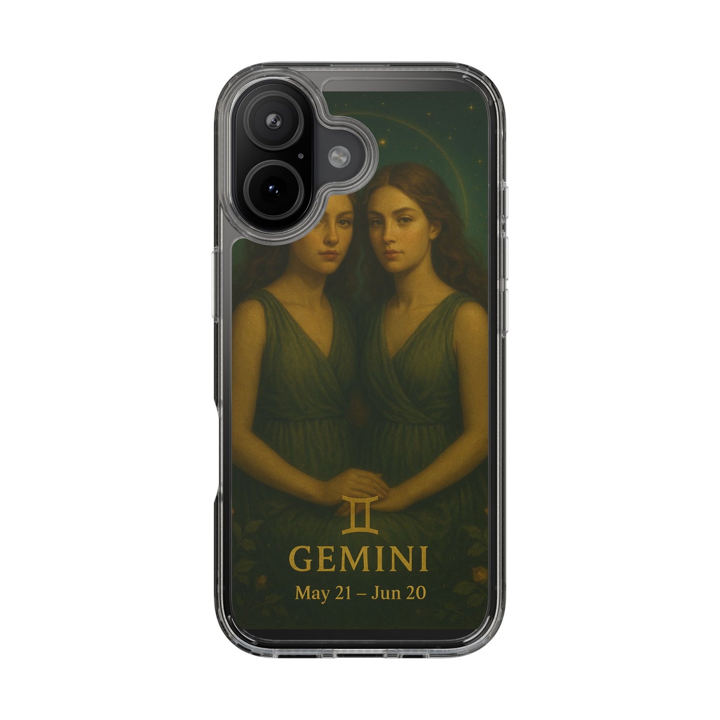 Gemini Zodiac Clear Phone Case — Twin Sisters Astrology Design (May 21–Jun 20)