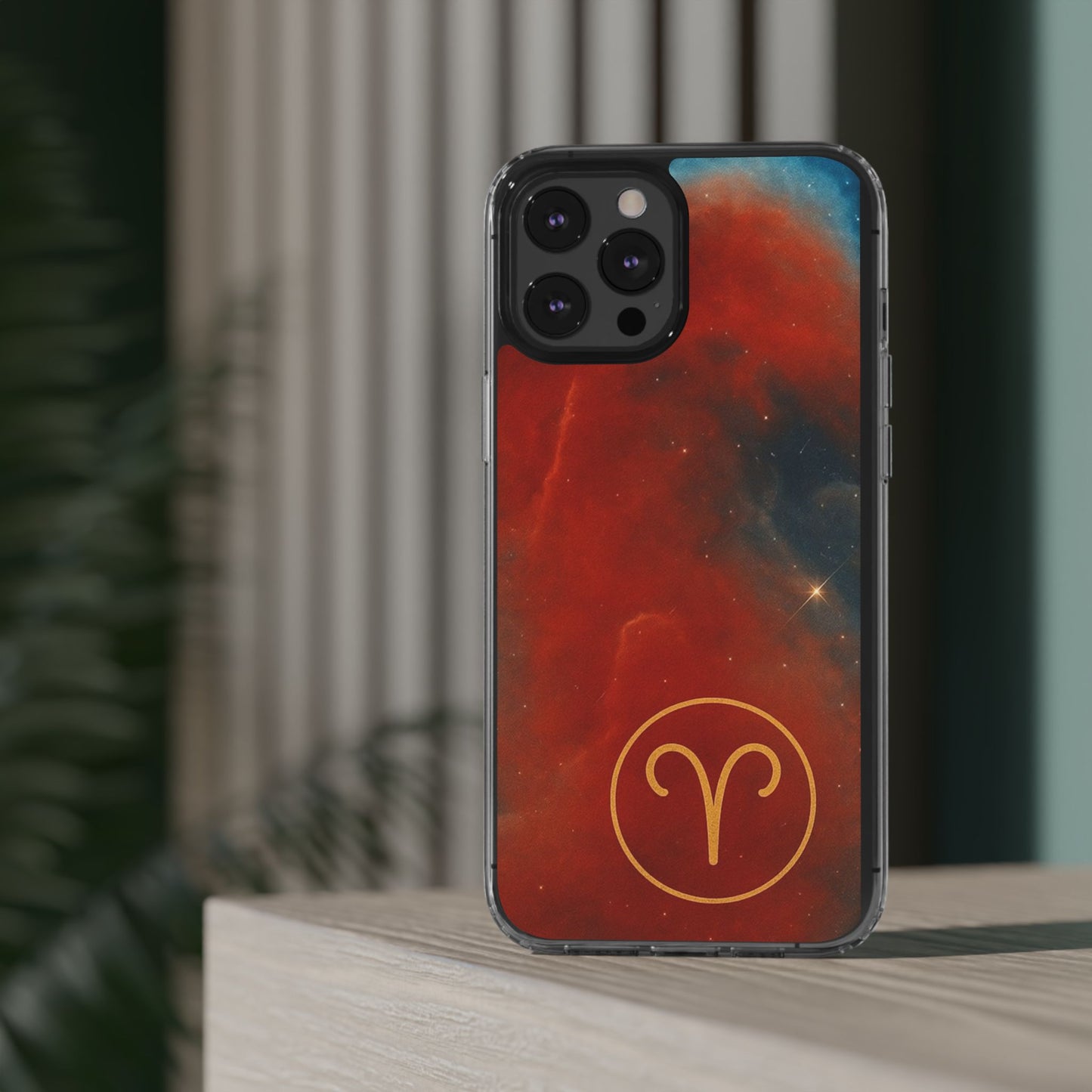 Aries Zodiac Clear Impact-Resistant Phone Case — Red Nebula Constellation Design
