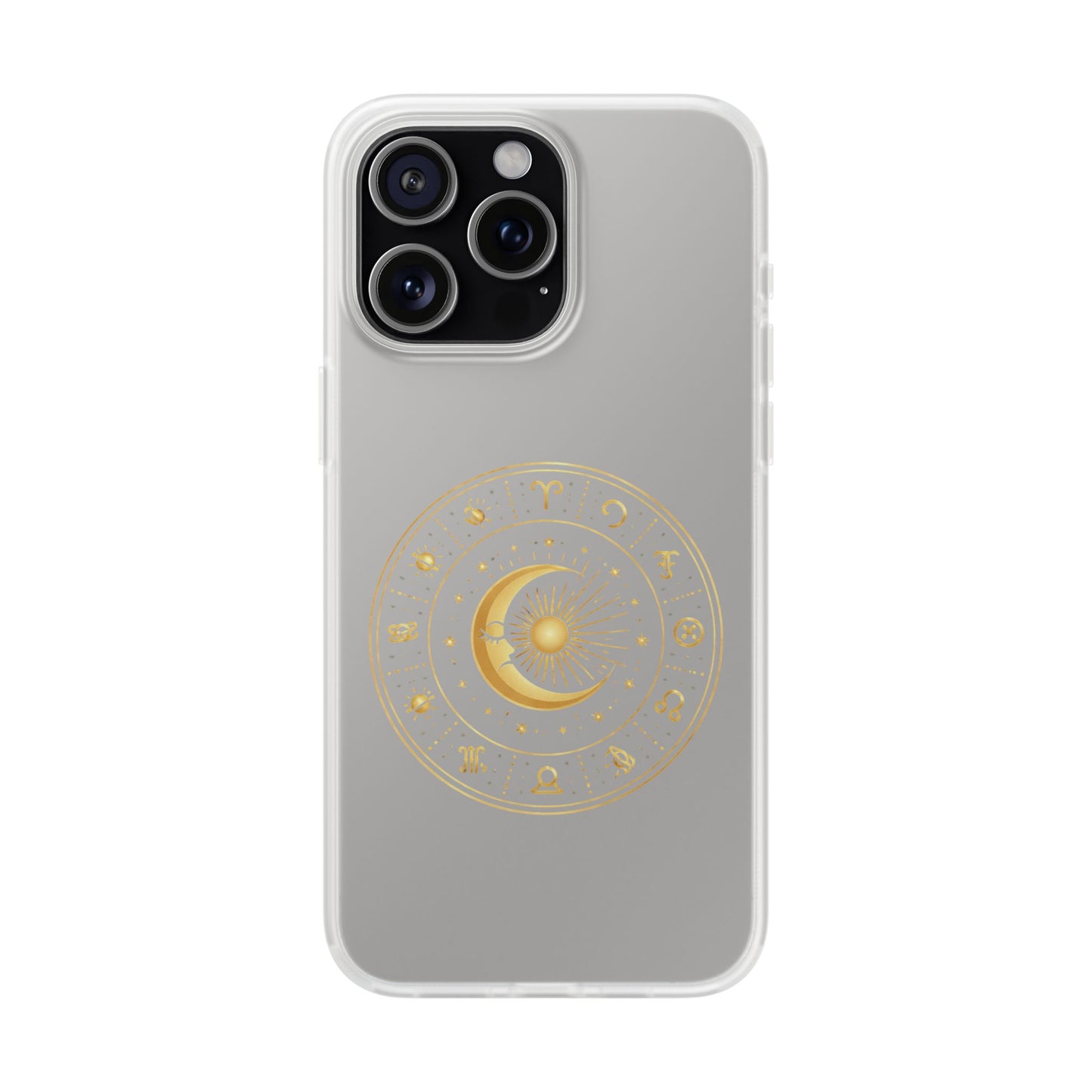 Clear Phone Case with Gold Celestial Moon & Zodiac Wheel – Astrology iPhone Cover
