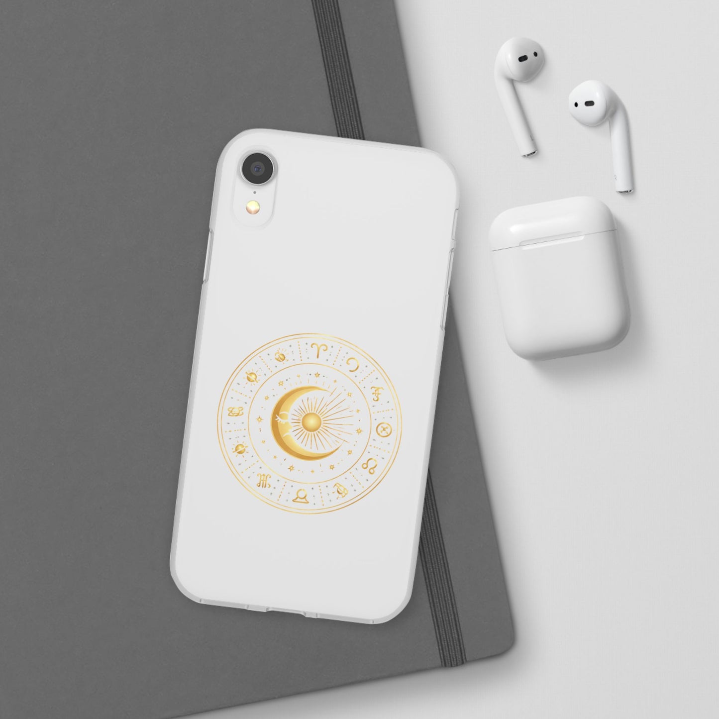 Clear Phone Case with Gold Celestial Moon & Zodiac Wheel – Astrology iPhone Cover