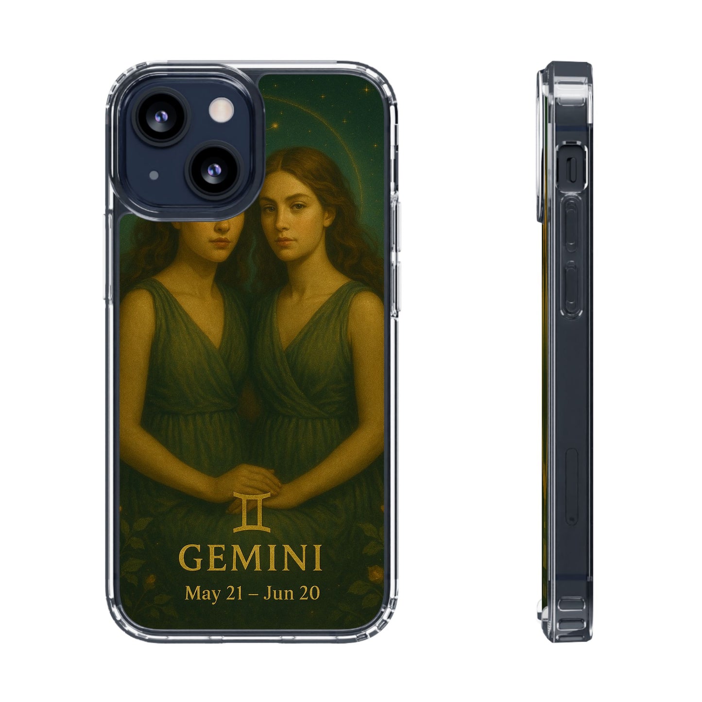 Gemini Zodiac Clear Phone Case — Twin Sisters Astrology Design (May 21–Jun 20)