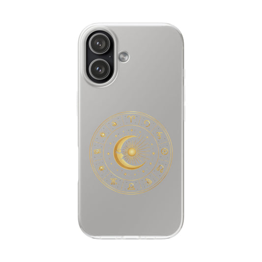 Clear Phone Case with Gold Celestial Moon & Zodiac Wheel – Astrology iPhone Cover