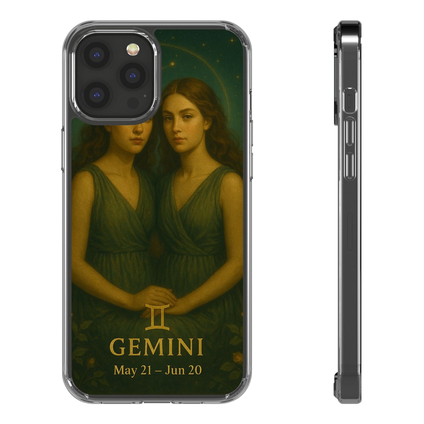 Gemini Zodiac Clear Phone Case — Twin Sisters Astrology Design (May 21–Jun 20)