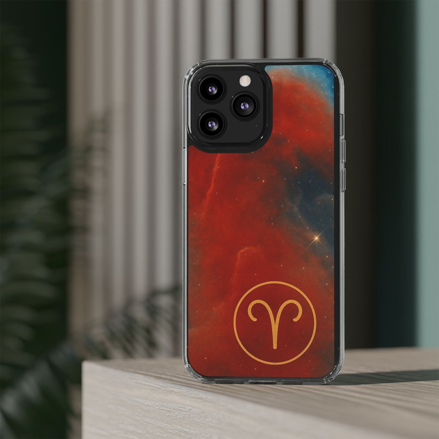 Aries Zodiac Clear Impact-Resistant Phone Case — Red Nebula Constellation Design
