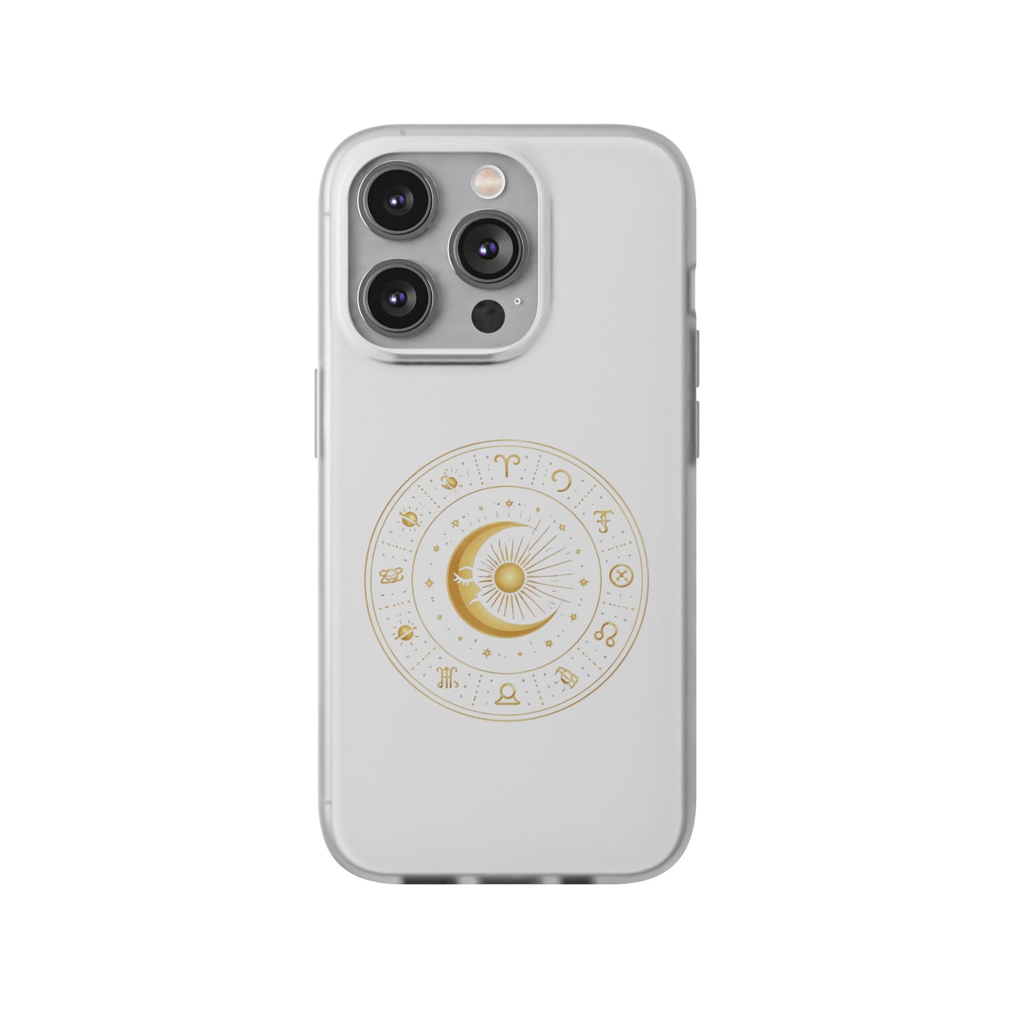 Clear Phone Case with Gold Celestial Moon & Zodiac Wheel – Astrology iPhone Cover