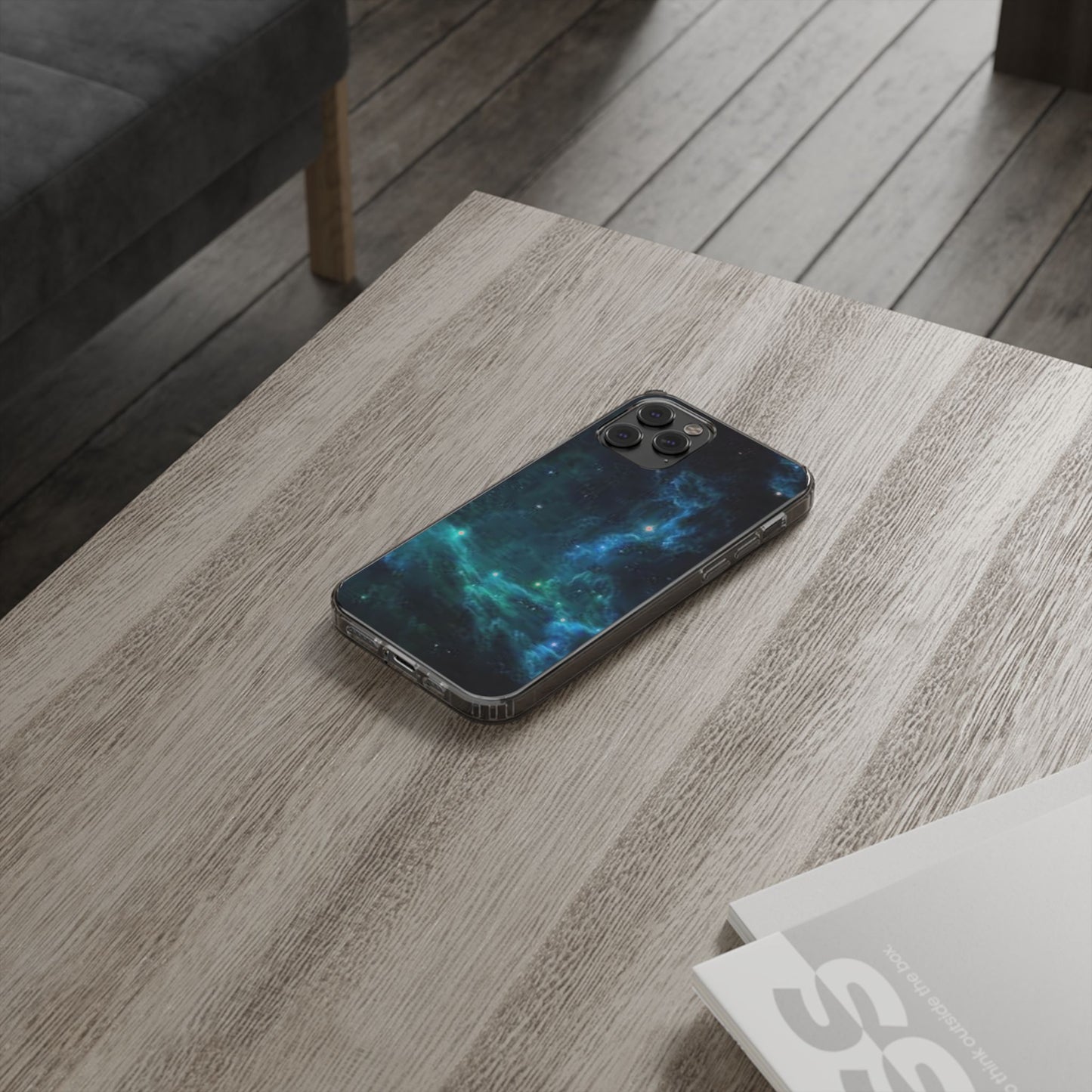 Clear Impact-Resistant Phone Case — Teal Nebula Space Design