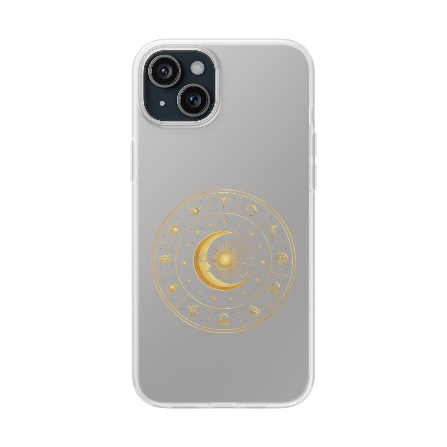 Clear Phone Case with Gold Celestial Moon & Zodiac Wheel – Astrology iPhone Cover