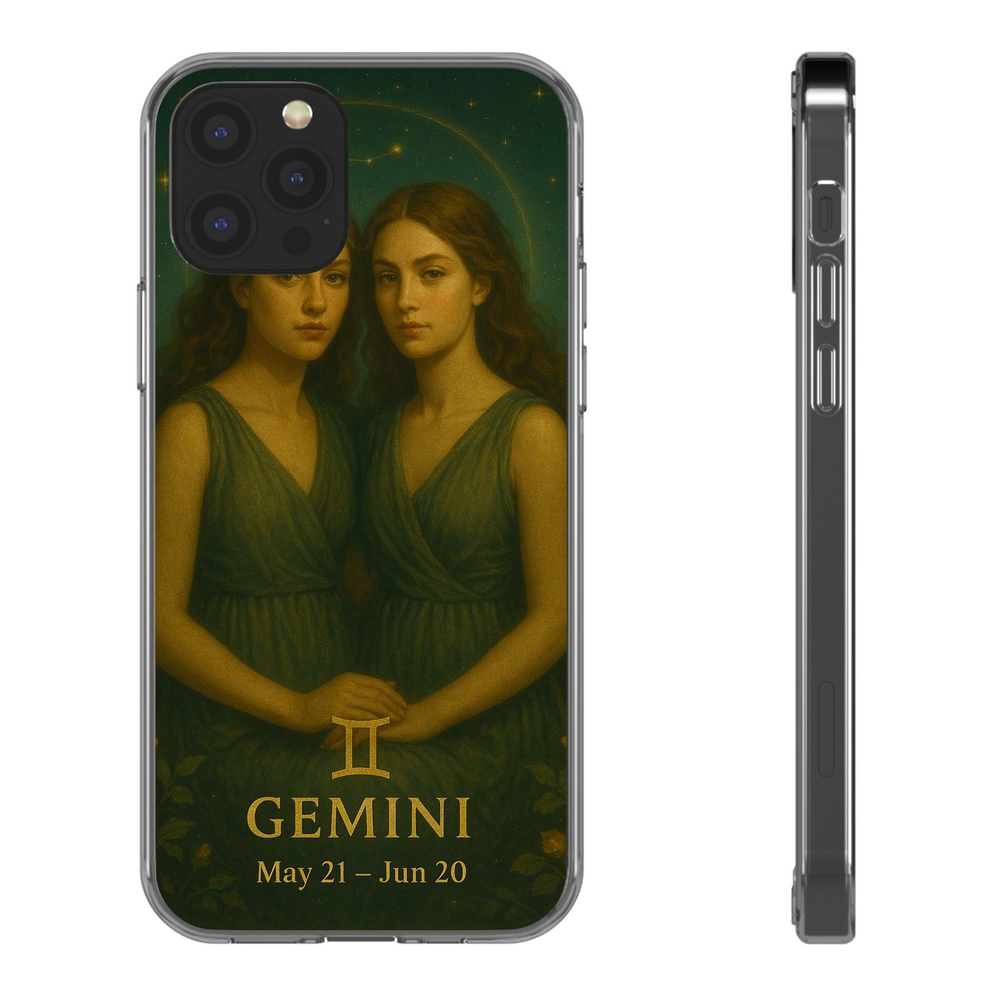 Gemini Zodiac Clear Phone Case — Twin Sisters Astrology Design (May 21–Jun 20)