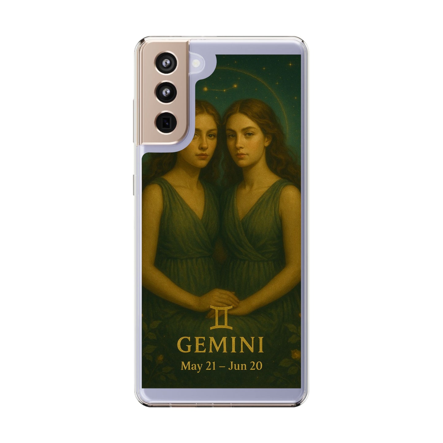 Gemini Zodiac Clear Phone Case — Twin Sisters Astrology Design (May 21–Jun 20)