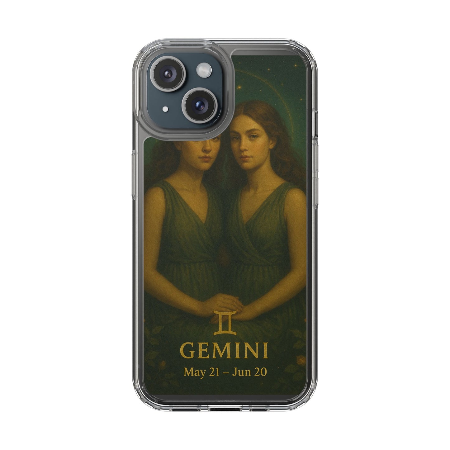 Gemini Zodiac Clear Phone Case — Twin Sisters Astrology Design (May 21–Jun 20)