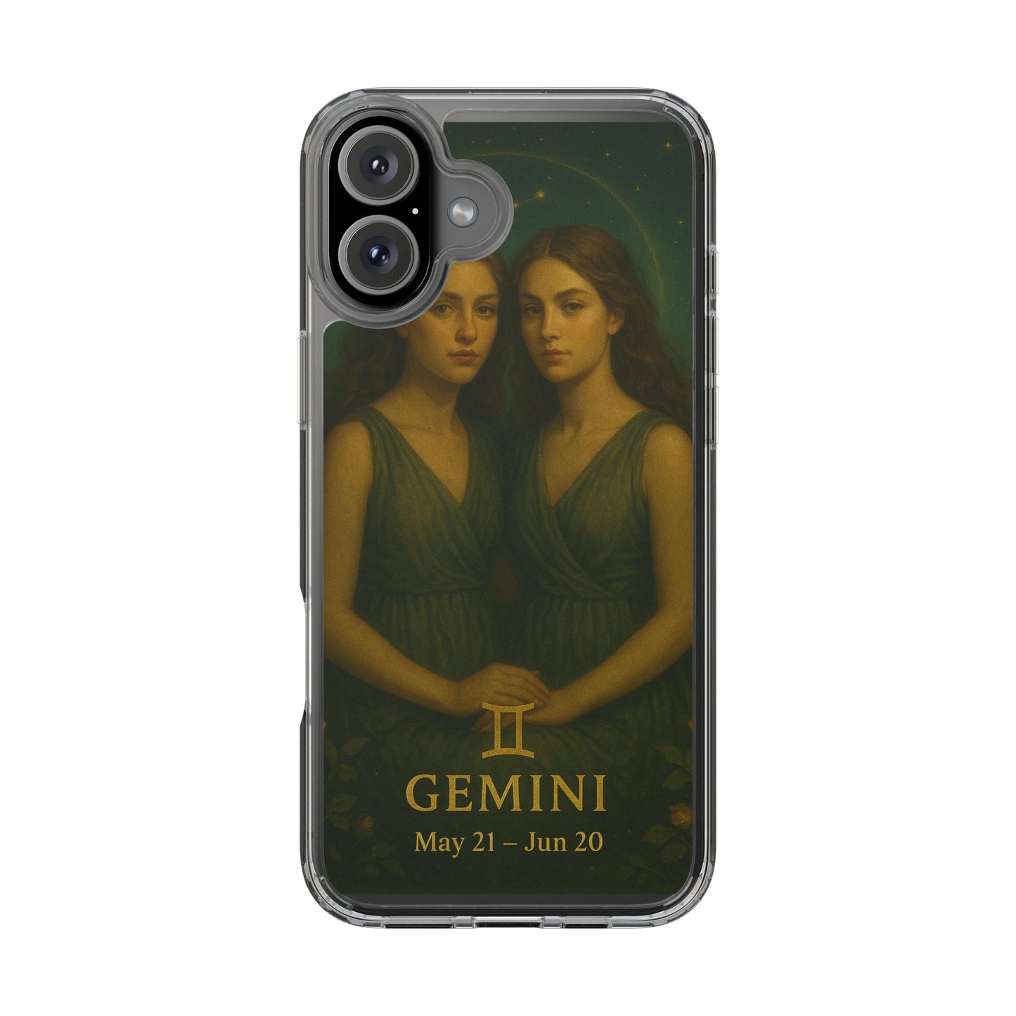 Gemini Zodiac Clear Phone Case — Twin Sisters Astrology Design (May 21–Jun 20)