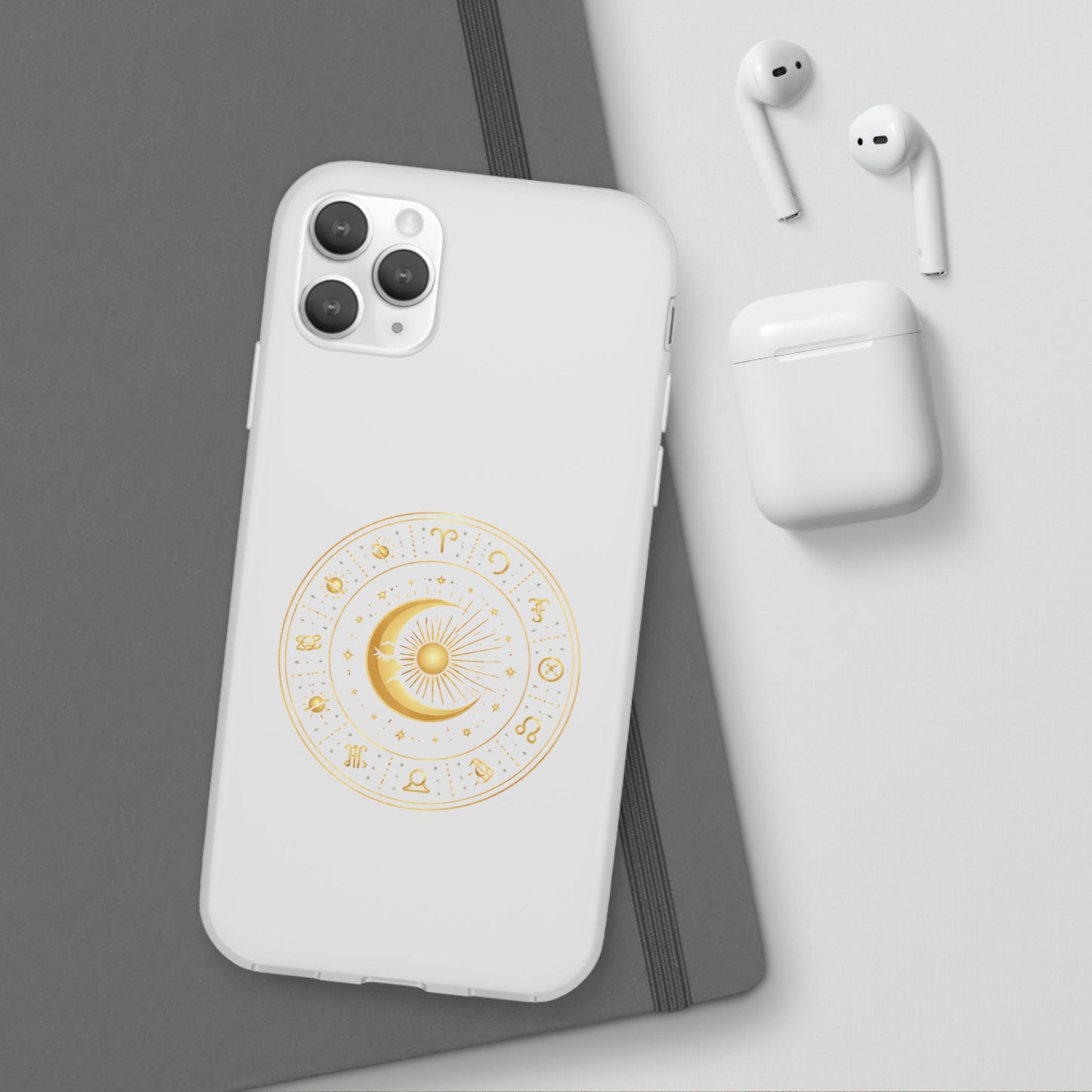 Clear Phone Case with Gold Celestial Moon & Zodiac Wheel – Astrology iPhone Cover