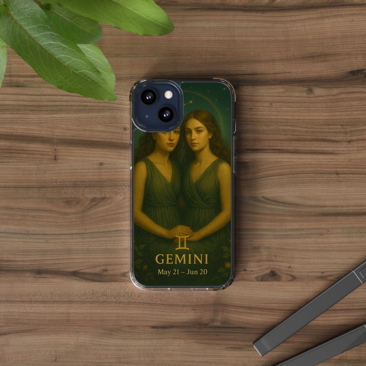 Gemini Zodiac Clear Phone Case — Twin Sisters Astrology Design (May 21–Jun 20)