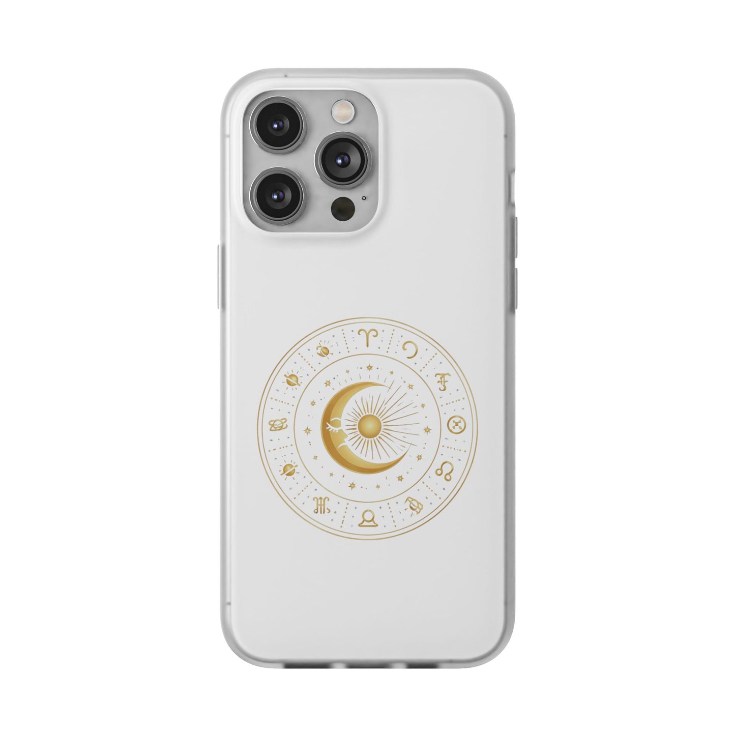 Clear Phone Case with Gold Celestial Moon & Zodiac Wheel – Astrology iPhone Cover