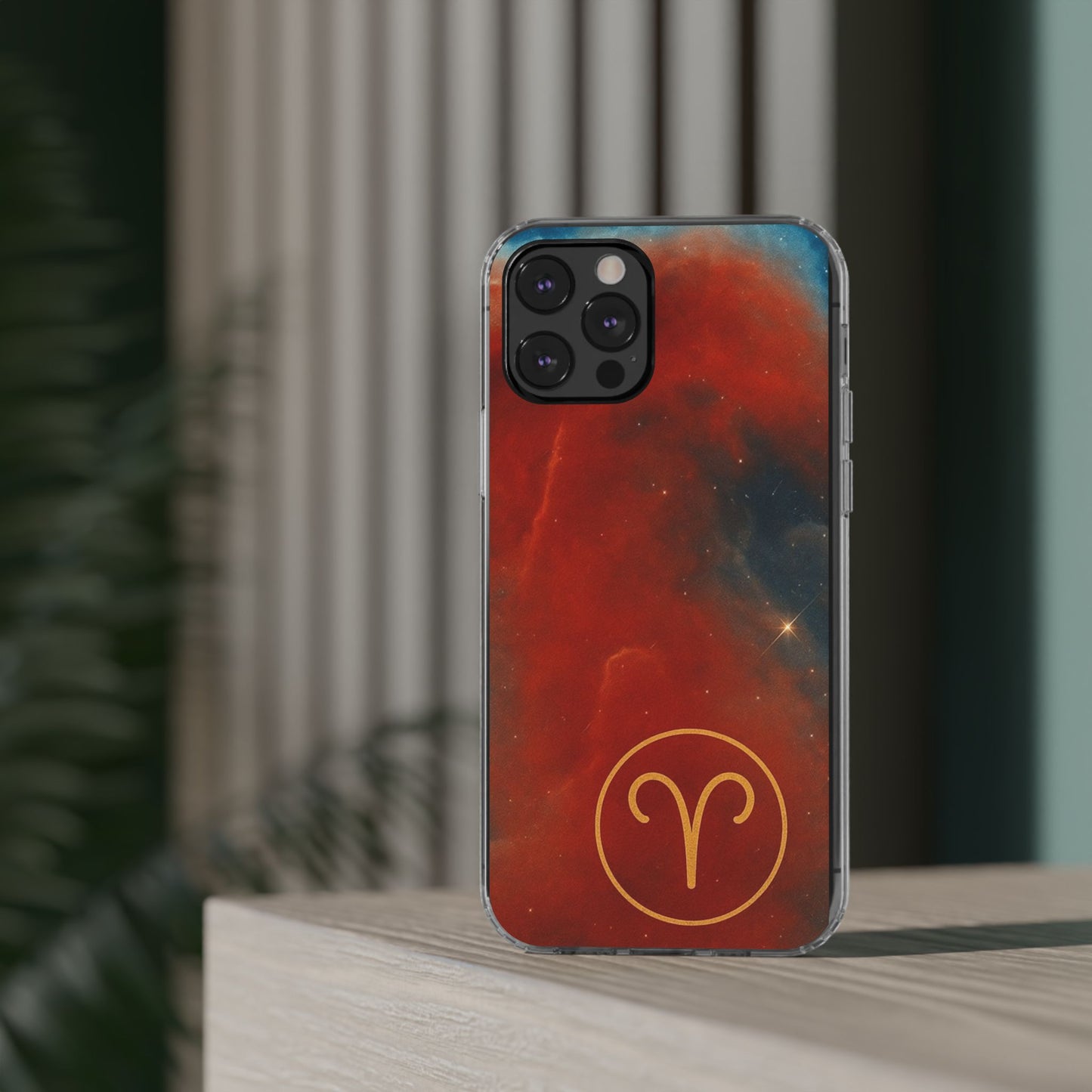 Aries Zodiac Clear Impact-Resistant Phone Case — Red Nebula Constellation Design