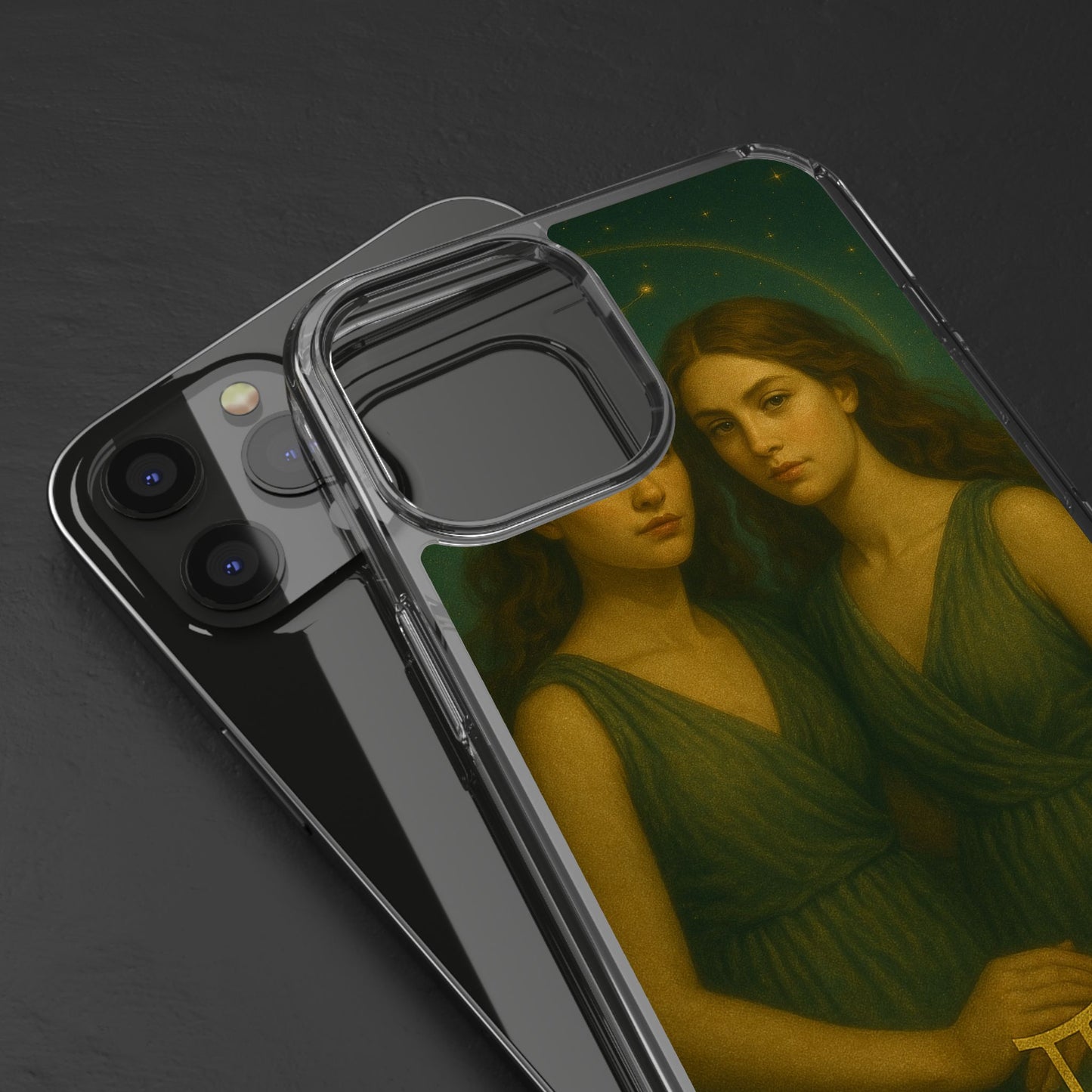 Gemini Zodiac Clear Phone Case — Twin Sisters Astrology Design (May 21–Jun 20)
