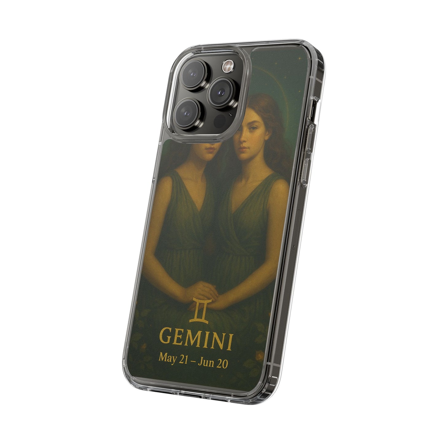 Gemini Zodiac Clear Phone Case — Twin Sisters Astrology Design (May 21–Jun 20)