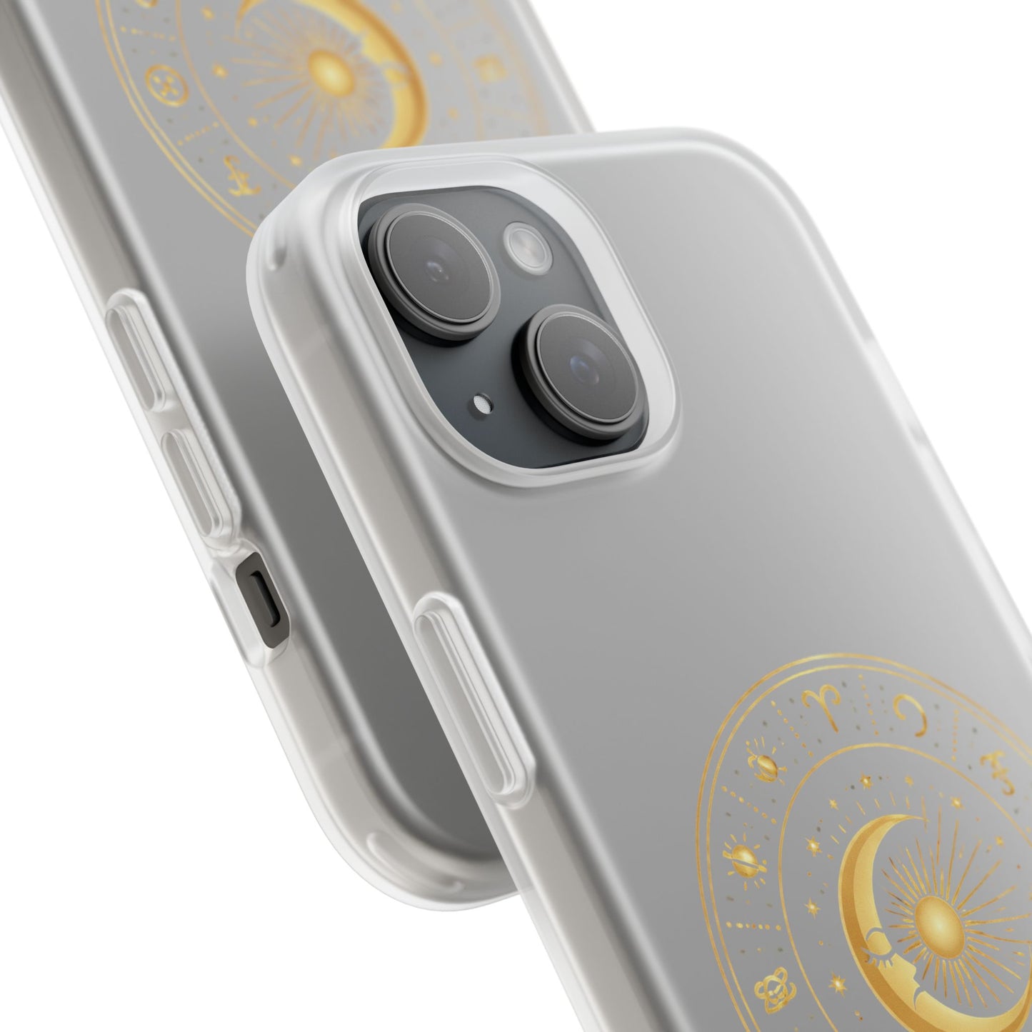 Clear Phone Case with Gold Celestial Moon & Zodiac Wheel – Astrology iPhone Cover