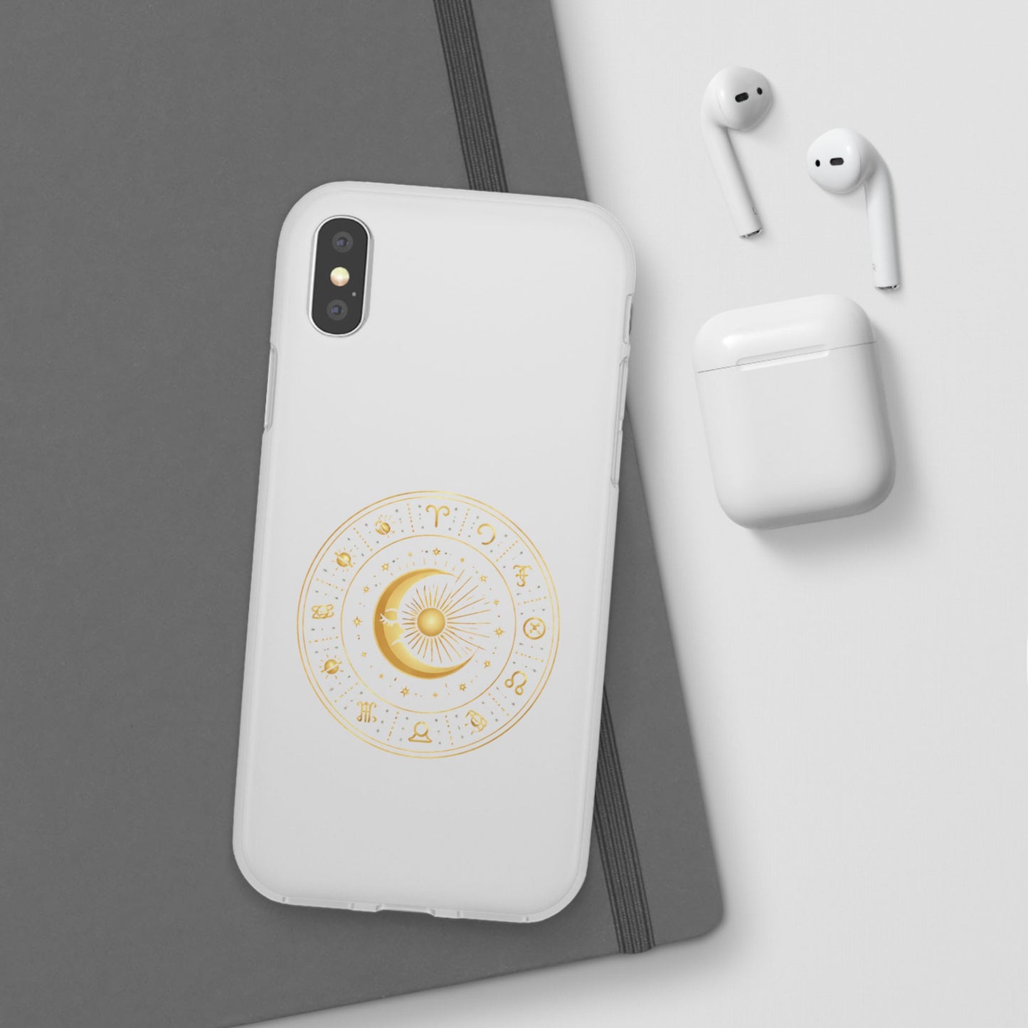 Clear Phone Case with Gold Celestial Moon & Zodiac Wheel – Astrology iPhone Cover