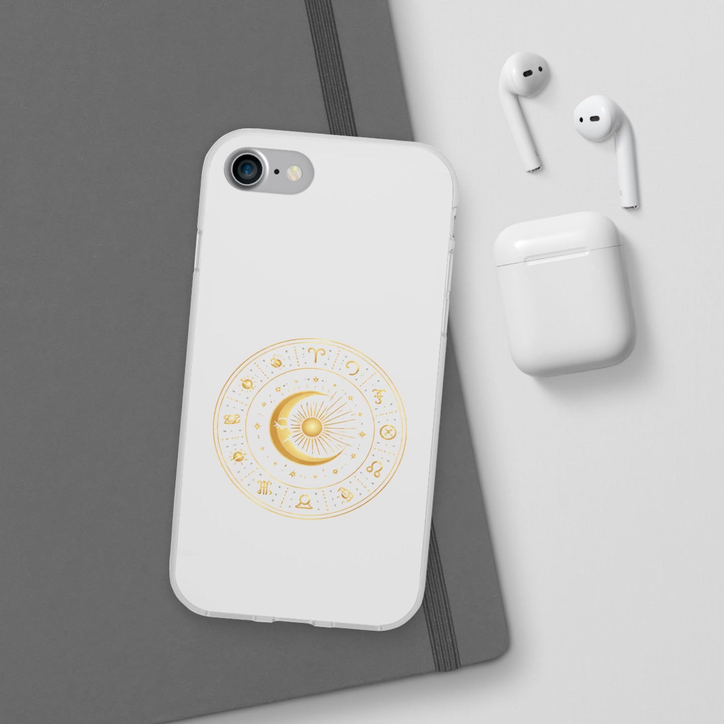 Clear Phone Case with Gold Celestial Moon & Zodiac Wheel – Astrology iPhone Cover