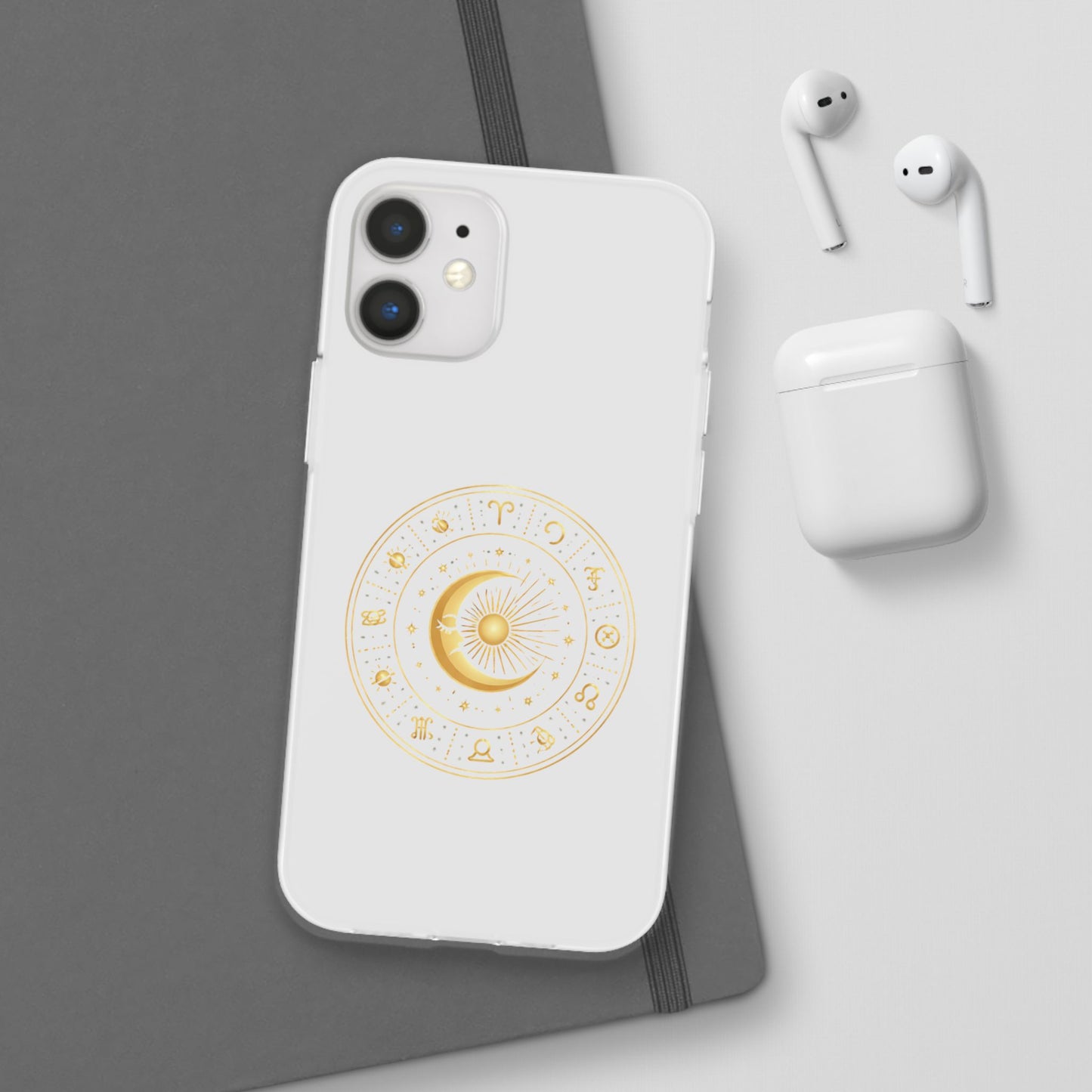 Clear Phone Case with Gold Celestial Moon & Zodiac Wheel – Astrology iPhone Cover