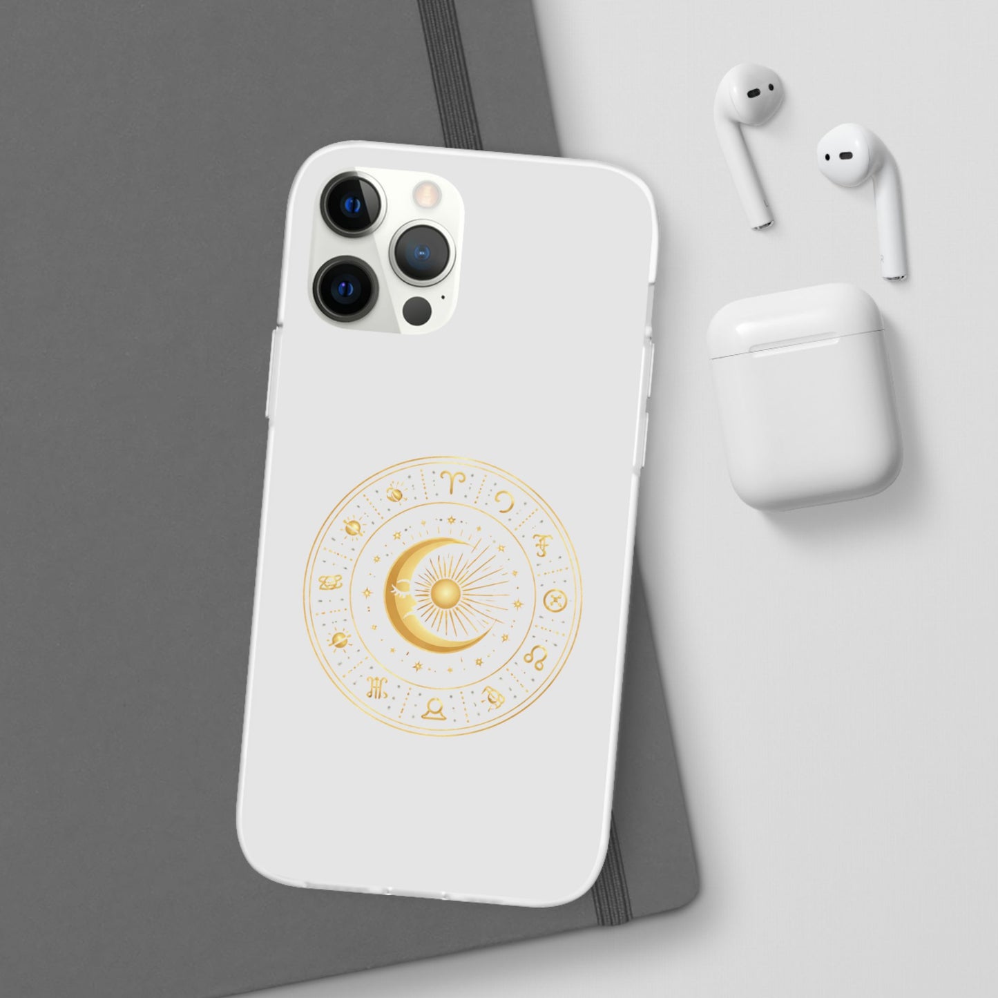 Clear Phone Case with Gold Celestial Moon & Zodiac Wheel – Astrology iPhone Cover