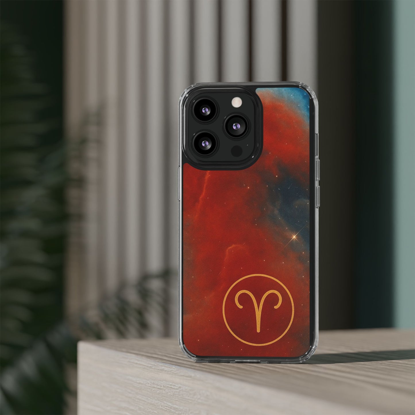 Aries Zodiac Clear Impact-Resistant Phone Case — Red Nebula Constellation Design