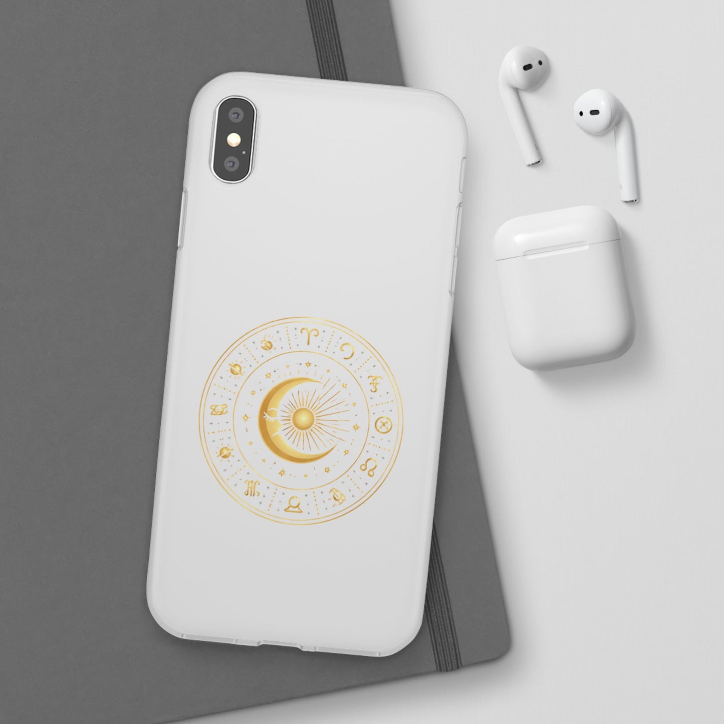 Clear Phone Case with Gold Celestial Moon & Zodiac Wheel – Astrology iPhone Cover
