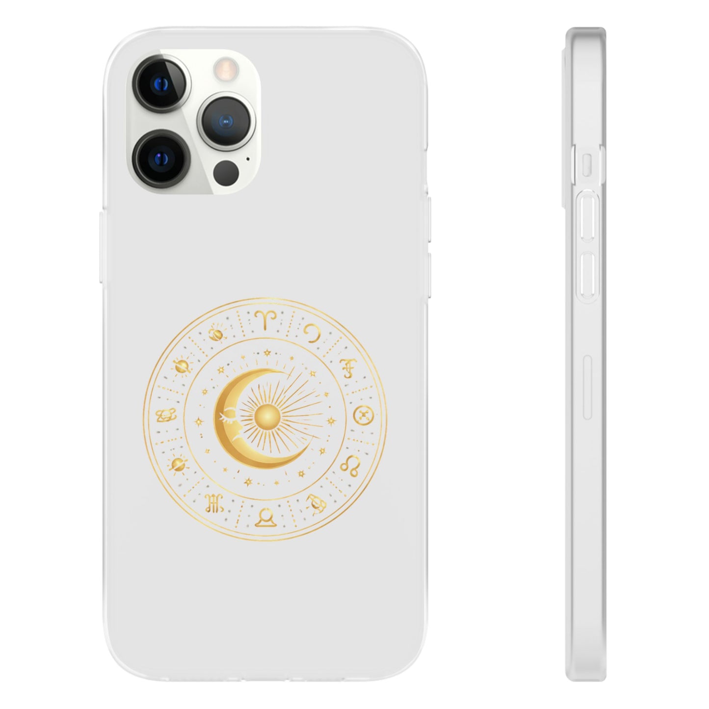 Clear Phone Case with Gold Celestial Moon & Zodiac Wheel – Astrology iPhone Cover