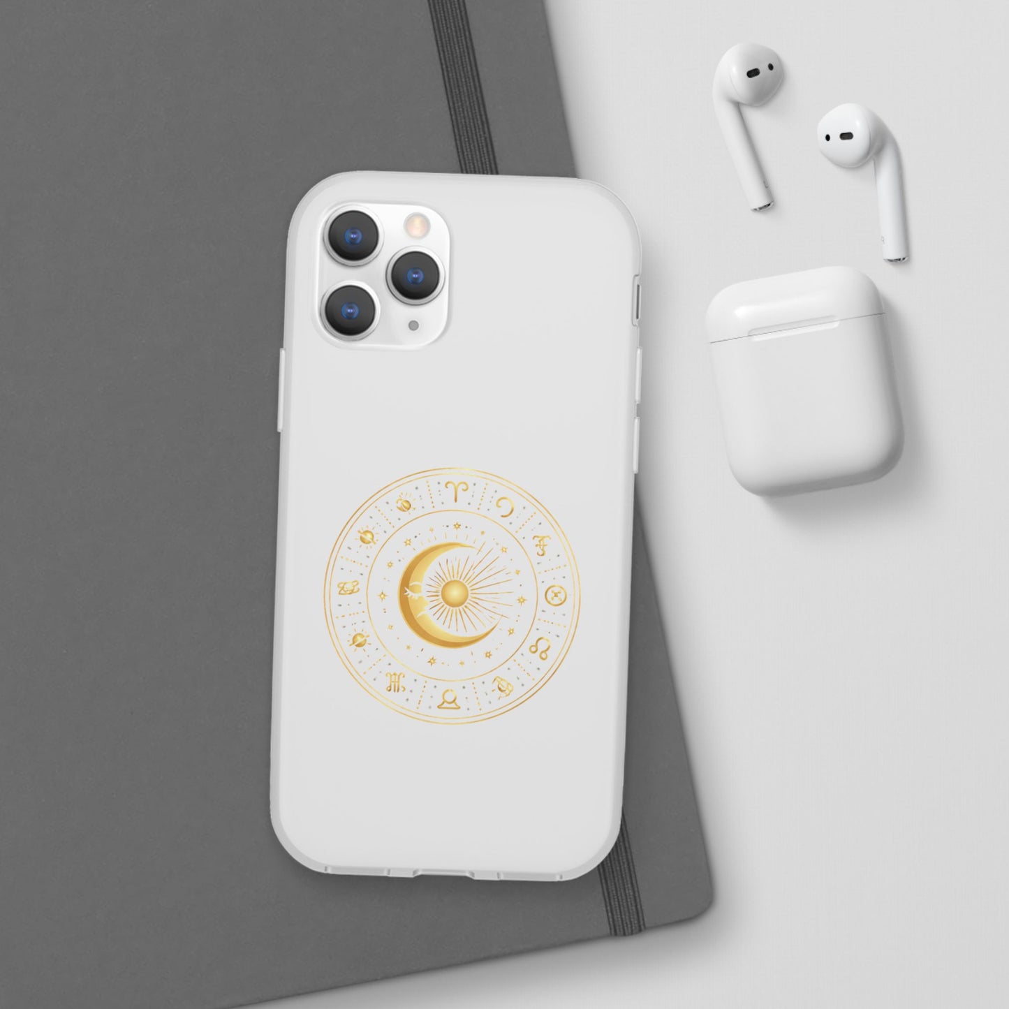 Clear Phone Case with Gold Celestial Moon & Zodiac Wheel – Astrology iPhone Cover
