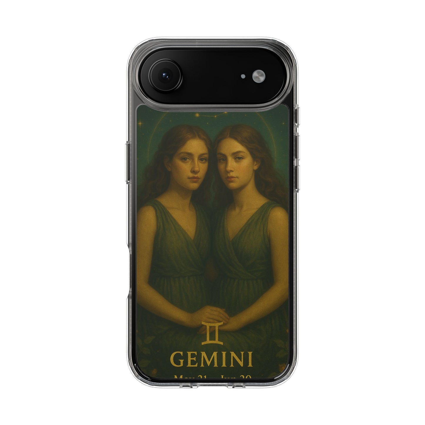 Gemini Zodiac Clear Phone Case — Twin Sisters Astrology Design (May 21–Jun 20)