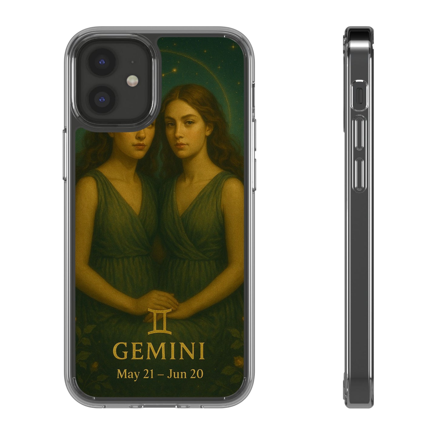 Gemini Zodiac Clear Phone Case — Twin Sisters Astrology Design (May 21–Jun 20)