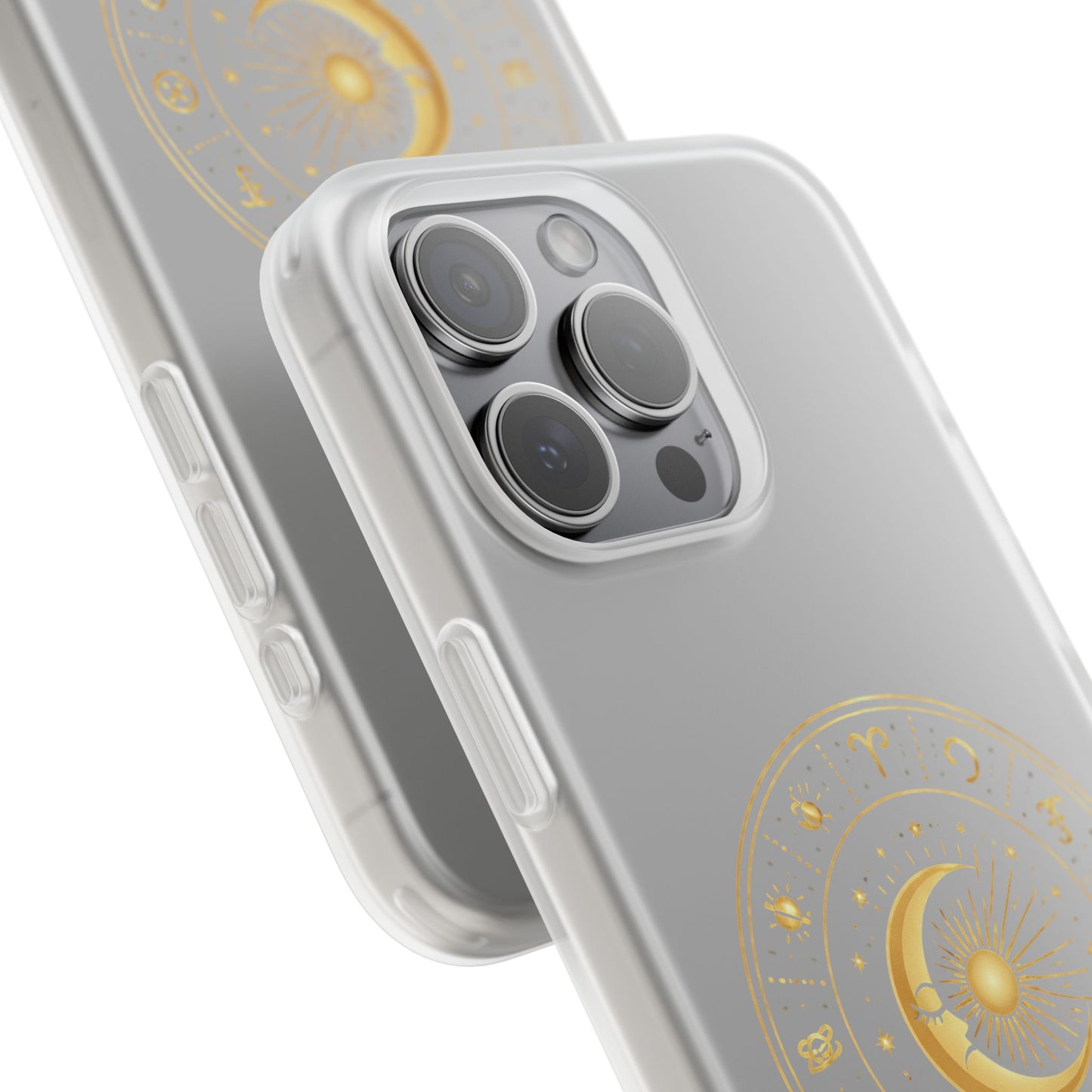 Clear Phone Case with Gold Celestial Moon & Zodiac Wheel – Astrology iPhone Cover