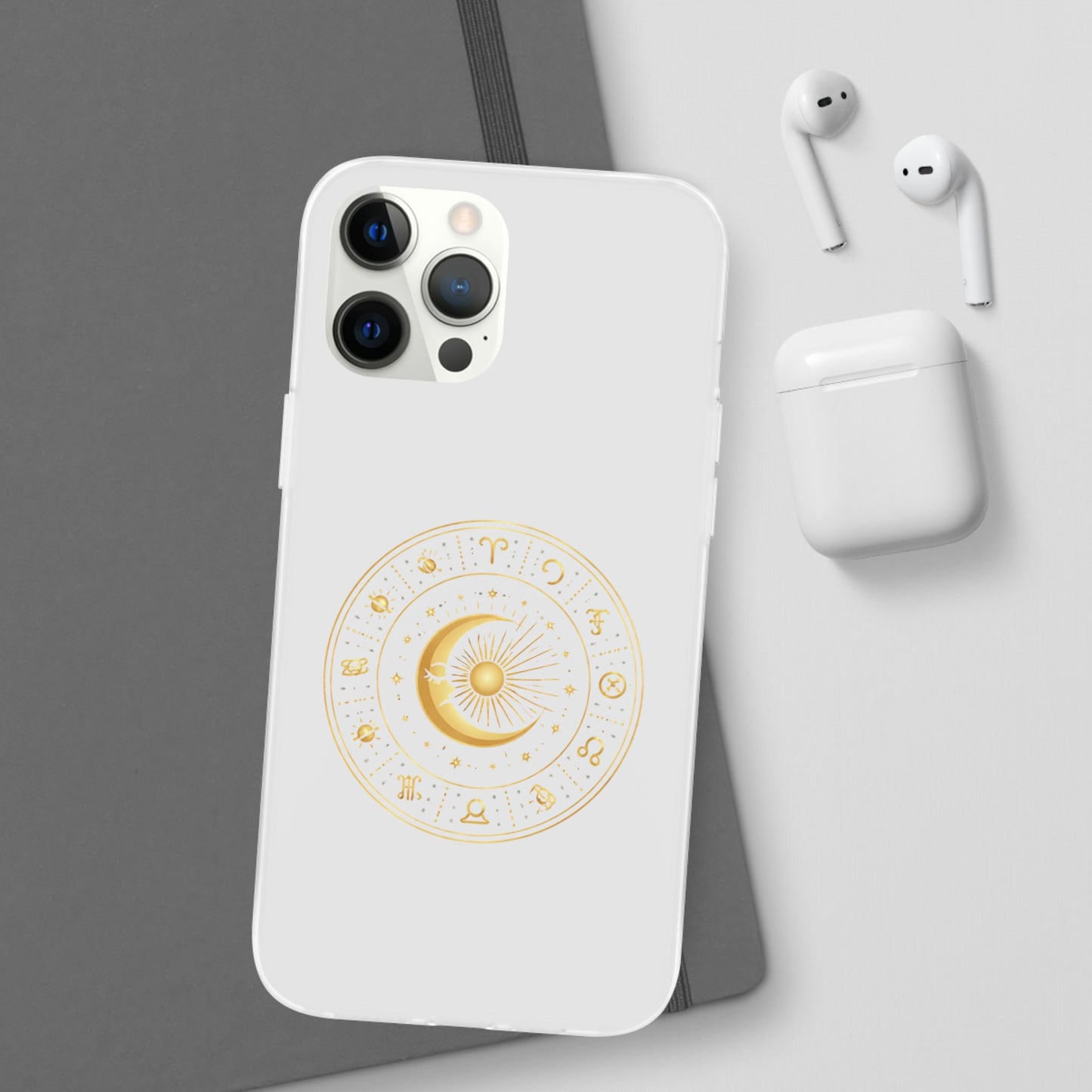 Clear Phone Case with Gold Celestial Moon & Zodiac Wheel – Astrology iPhone Cover