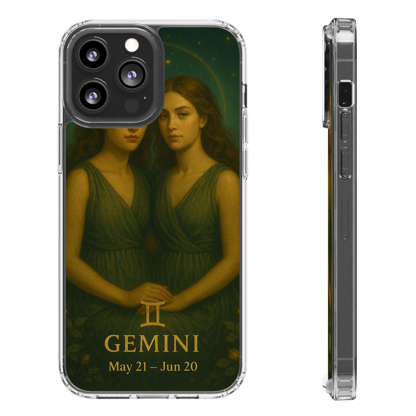 Gemini Zodiac Clear Phone Case — Twin Sisters Astrology Design (May 21–Jun 20)
