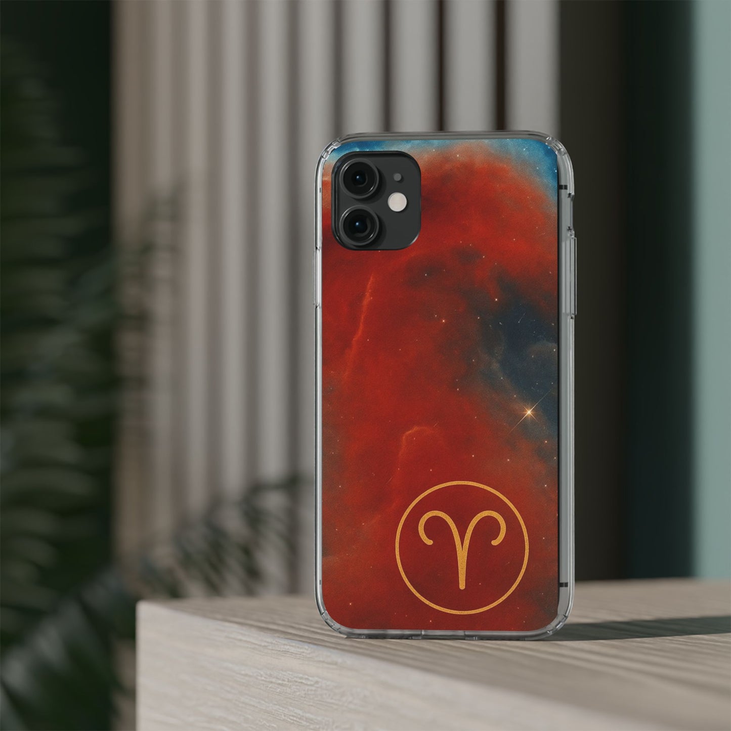 Aries Zodiac Clear Impact-Resistant Phone Case — Red Nebula Constellation Design
