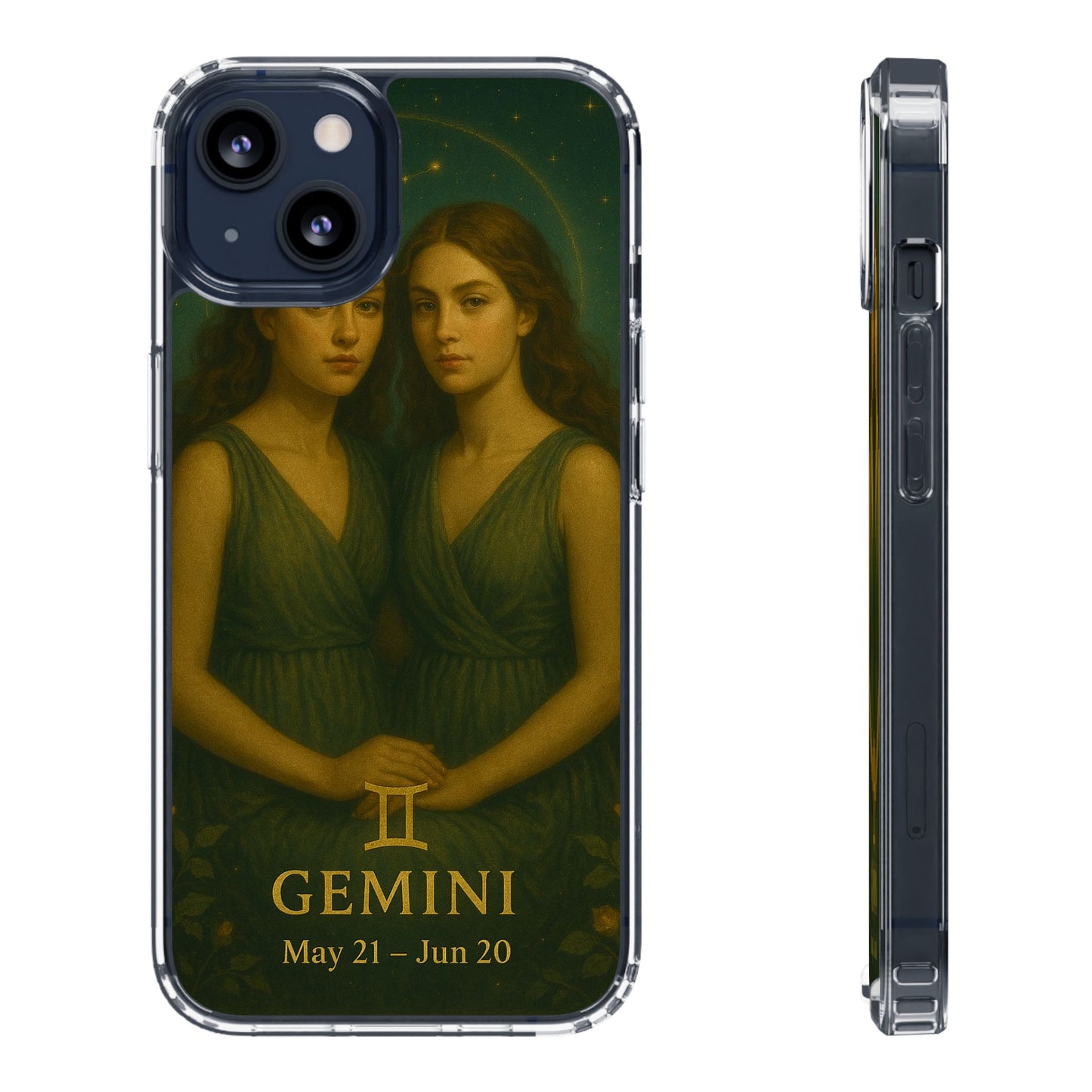 Gemini Zodiac Clear Phone Case — Twin Sisters Astrology Design (May 21–Jun 20)