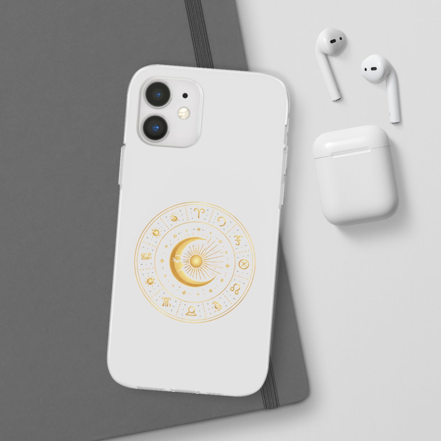 Clear Phone Case with Gold Celestial Moon & Zodiac Wheel – Astrology iPhone Cover