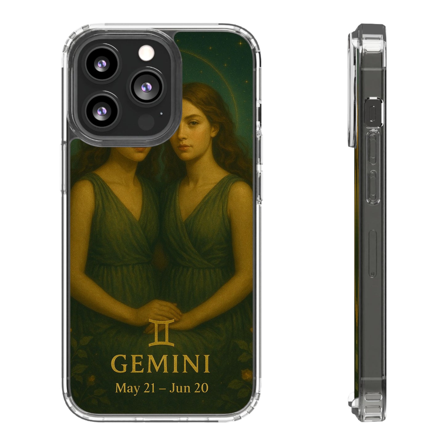 Gemini Zodiac Clear Phone Case — Twin Sisters Astrology Design (May 21–Jun 20)