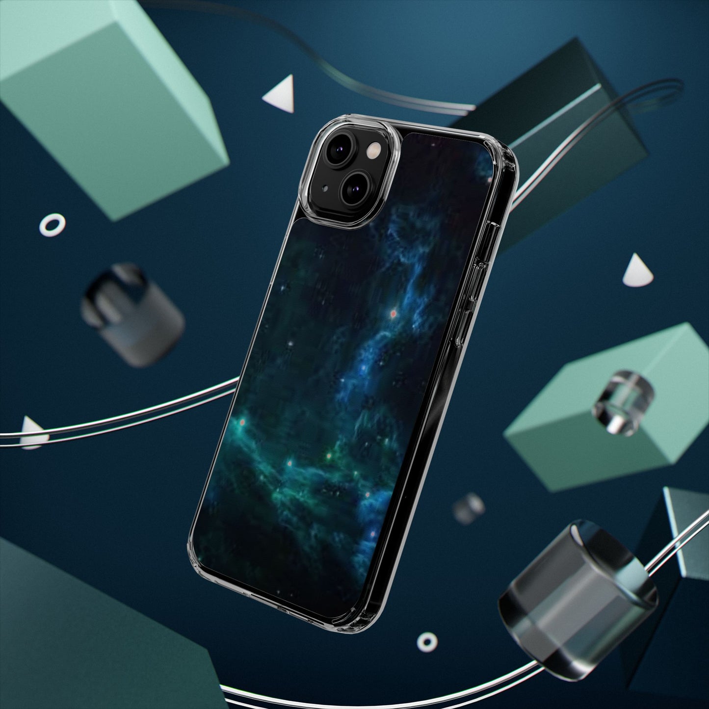 Clear Impact-Resistant Phone Case — Teal Nebula Space Design
